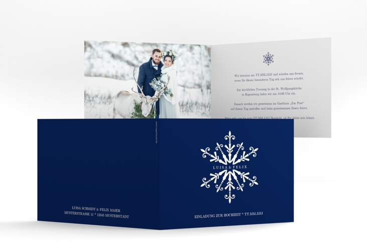 Hochzeitseinladung Crystal A6 Klappkarte quer blau hochglanz mit Eiskristall