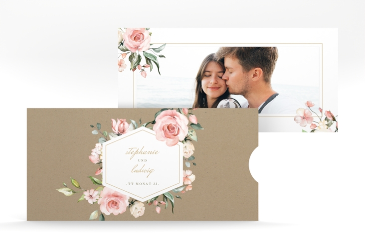 Hochzeitseinladung Graceful Einsteckkarte Kraftpapier hochglanz mit Rosenblüten in Rosa und Weiß