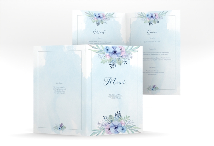 Menükarte Hochzeit Surfinia A5 Klappkarte hoch blau
