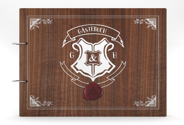 Gästebuch Holzcover Nussbaum Zauberkunst Holz-Cover, bedruckt mit Fantasy-Wappen, Siegel und Zauberschule