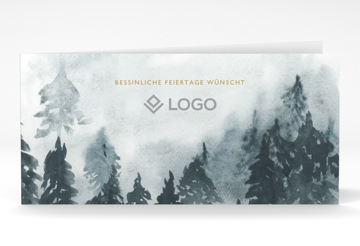 Geschäftliche Weihnachtskarte Winterland lange Klappkarte quer blau mit Tannenwald im Aquarell-Stil