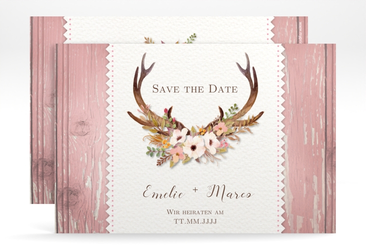 Save the Date-Karte Hochzeit Heimatjuwel A6 Karte quer hochglanz mit Hirschgeweih und Holz-Hintergrund