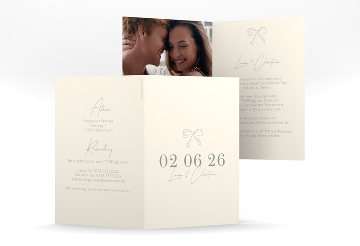 Einladungskarte Hochzeit Bow A6 Klappkarte hoch beige mit Gräsern und Trockenblumen für Boho-Hochzeit