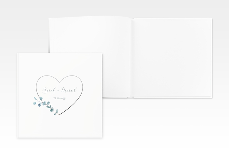 Gästebuch Creation Hochzeit Greenheart 20 x 20 cm, Hardcover grau mit elegantem Herz und Eukalyptus-Zweig