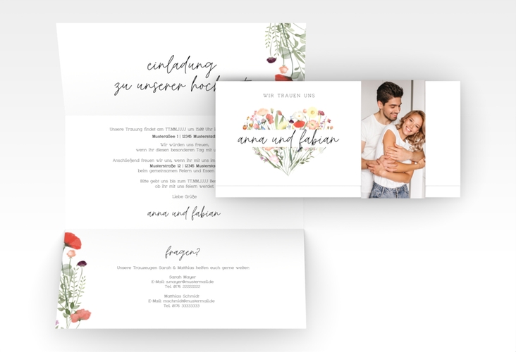Hochzeitseinladung Wildblumenherz Wickelfalzkarte + Banderole