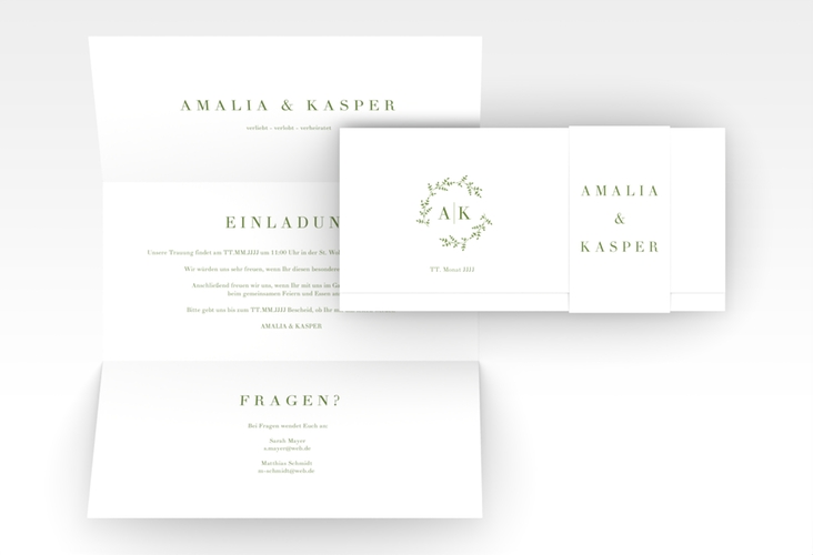 Hochzeitseinladung Filigrana Wickelfalzkarte + Banderole gruen hochglanz in reduziertem Design mit Initialen und zartem Blätterkranz