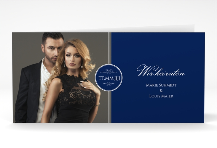 Hochzeitseinladung Elegancy lange Klappkarte quer blau hochglanz