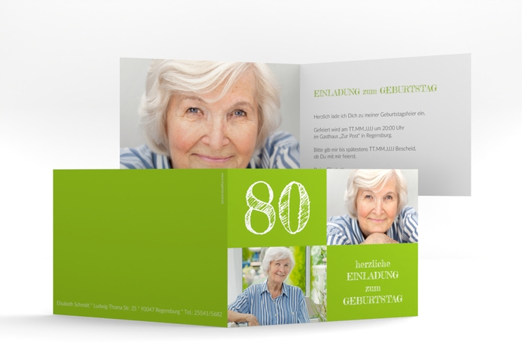 Einladung 80. Geburtstag Lebensfreude A6 Klappkarte quer gruen hochglanz