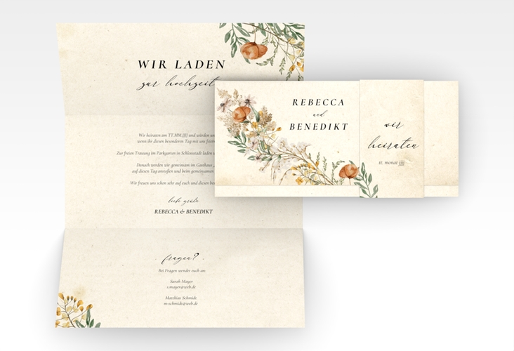 Hochzeitseinladung Wildfang Wickelfalzkarte + Banderole beige mit getrockneten Wiesenblumen