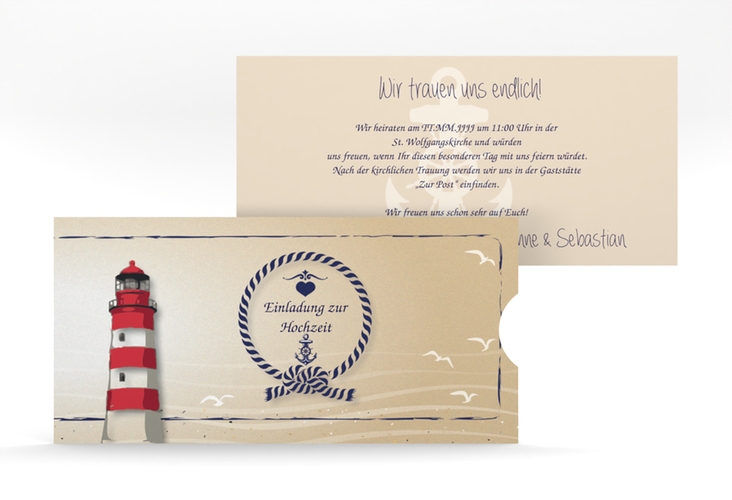 Hochzeitseinladung Sylt Einsteckkarte braun mit Leuchtturm
