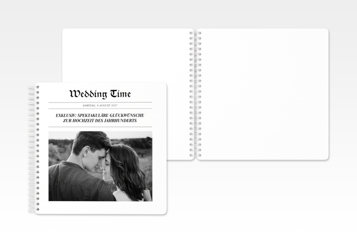 Gästebuch Hochzeit Wedding Time Ringbindung weiss im Stil einer Zeitung