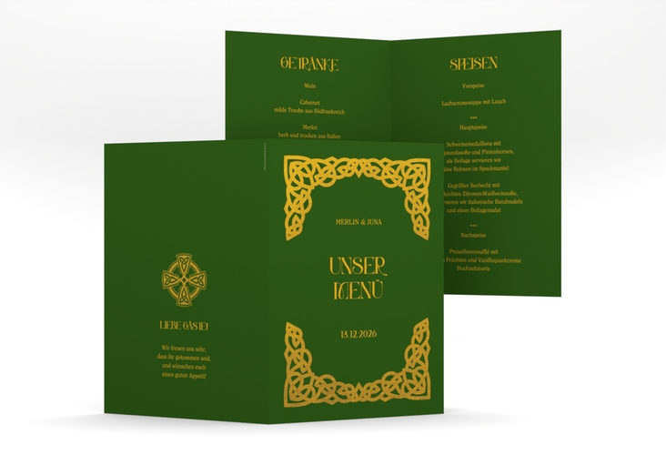 Menükarte Hochzeit Celtic A5 Klappkarte hoch gruen mit keltischem Knoten in irischen Farben