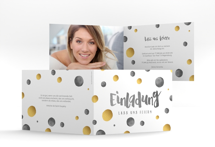 Einladung 40. Geburtstag Dots A6 Klappkarte quer schwarz