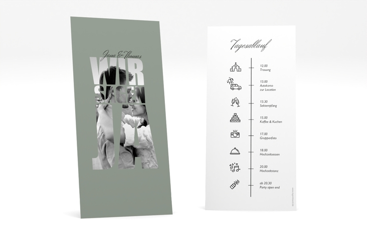 Tagesablauf Hochzeit Letters lange Karte hoch gruen