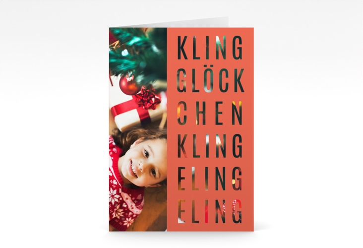 Weihnachtskarte Klingeling A6 Klappkarte hoch orange hochglanz