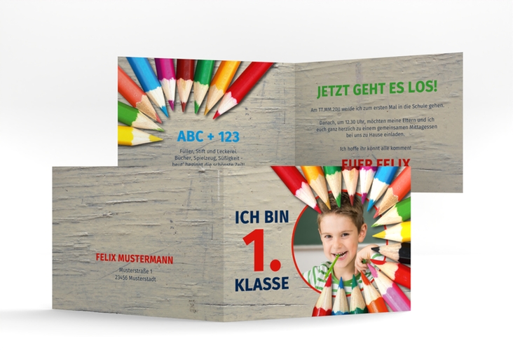 Einschulungskarte Stiftesonne A6 Klappkarte quer rot