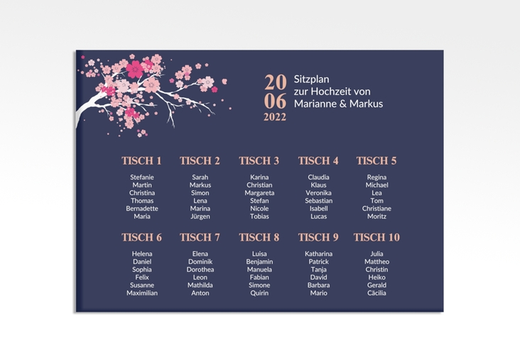 Sitzplan Leinwand Hochzeit Sakura 70 x 50 cm Leinwand blau