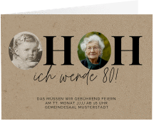 Klick: Details zu Einladung 80. Geburtstag "Hoppla" anzeigen Einladung 80. Geburtstag Hoppla A6 Klappkarte quer Kraftpapier