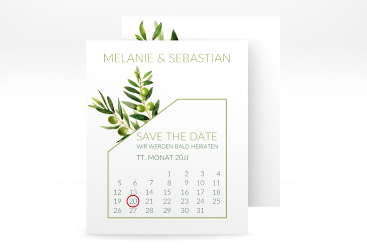 Save the Date-Kalenderblatt Olivenzweig Kalenderblatt-Karte weiss hochglanz