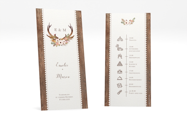 Tagesablauf Hochzeit Heimatjuwel lange Karte hoch braun mit Hirschgeweih und Holz-Hintergrund