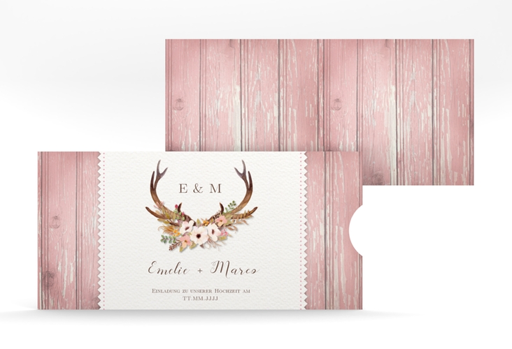Hochzeitseinladung Heimatjuwel Einsteckkarte hochglanz mit Hirschgeweih und Holz-Hintergrund