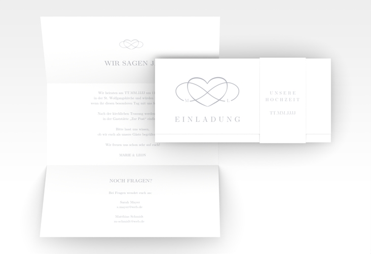 Hochzeitseinladung Infinity Wickelfalzkarte + Banderole grau