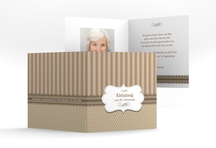 Einladung 80. Geburtstag Heinrich/Henriette quadr. Klappkarte braun mit frechen Polka Dots