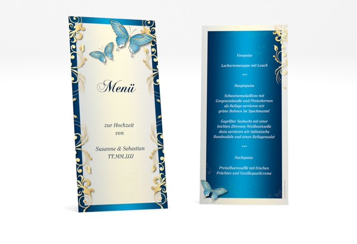 Menükarte Hochzeit Toulouse lange Karte hoch blau