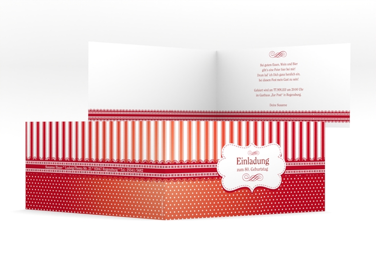 Einladung 80. Geburtstag Heinrich/Henriette lange Klappkarte quer rot mit frechen Polka Dots
