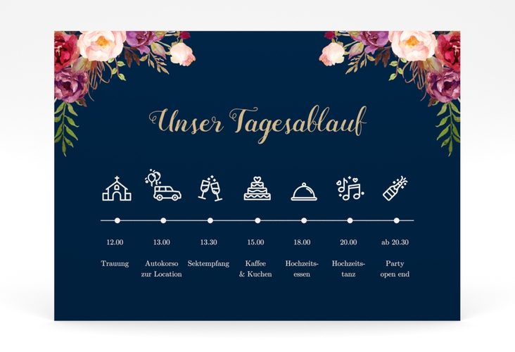 Tagesablauf Poster Hochzeit Flowers 70 x 50 cm Poster blau mit bunten Aquarell-Blumen