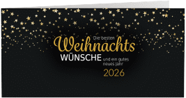 Klick: Details zu Geschäftliche Weihnachtskarte "Sterntaler" anzeigen Geschäftliche Weihnachtskarte Sterntaler lange Klappkarte quer schwarz mit goldenen Sternen