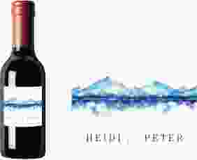 Piccoloetikett Hochzeit Bergliebe Etikett Piccolo blau mit Gebirgspanorama für Berghochzeit