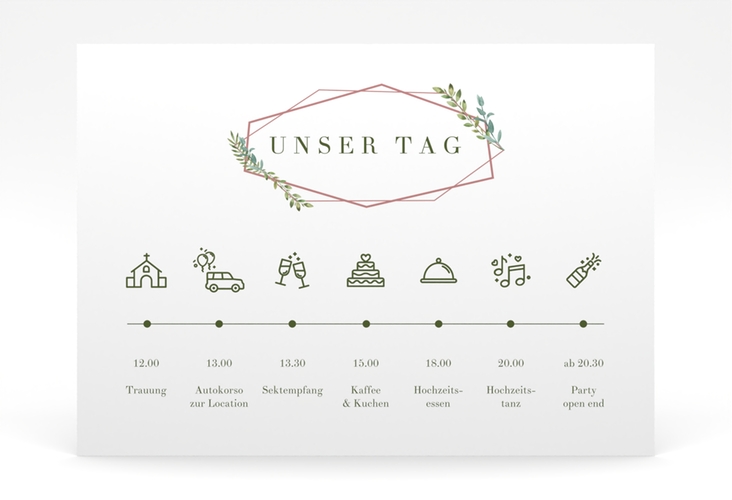 Tagesablauf Poster Hochzeit Herbarium 70 x 50 cm Poster rosa mit geometrischem Rahmen und Blätter-Dekor