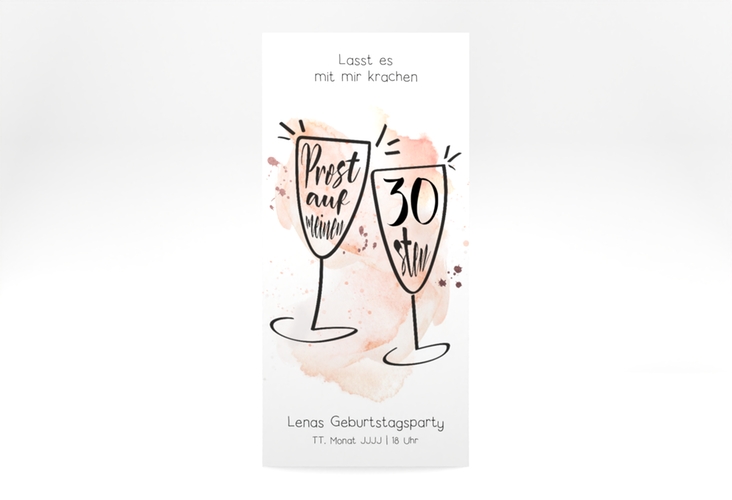 Einladung 30. Geburtstag Sektgläser lange Karte hoch mit zwei Champagner-Gläsern auf Aquarell-Hintergrund