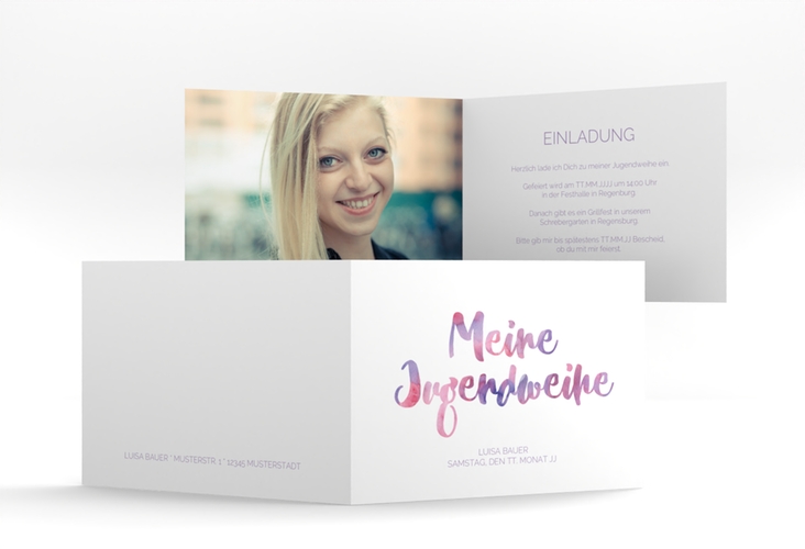 Einladungskarte Jugendweihe Multicolored A6 Klappkarte quer flieder hochglanz