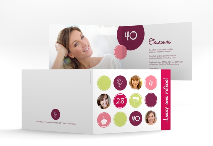 Einladung 40. Geburtstag Circles A6 Klappkarte quer pink