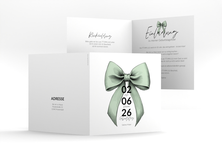 Einladung 50. Geburtstag Geburtstagsschleife quadr. Klappkarte