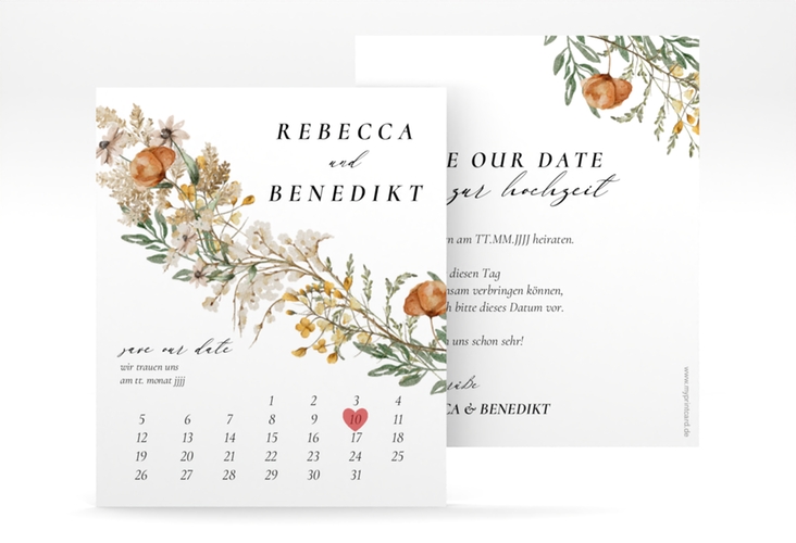Save the Date-Kalenderblatt Wildfang Kalenderblatt-Karte weiss hochglanz mit getrockneten Wiesenblumen
