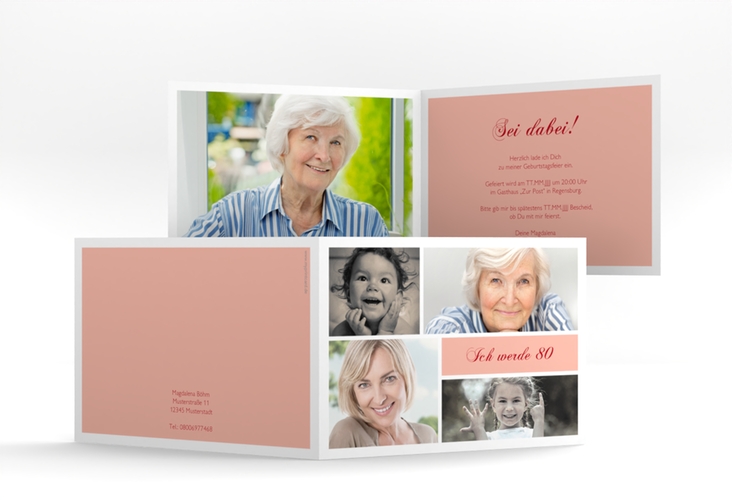 Einladung 80. Geburtstag Bilderserie A6 Klappkarte quer rosa mit mehreren Fotos