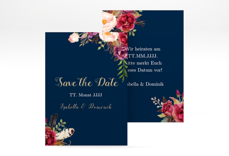 Save the Date-Visitenkarte Flowers Visitenkarte hoch blau hochglanz mit bunten Aquarell-Blumen