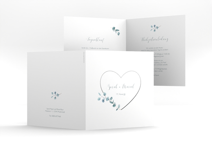 Hochzeitseinladung Greenheart quadr. Klappkarte grau hochglanz mit elegantem Herz und Eukalyptus-Zweig