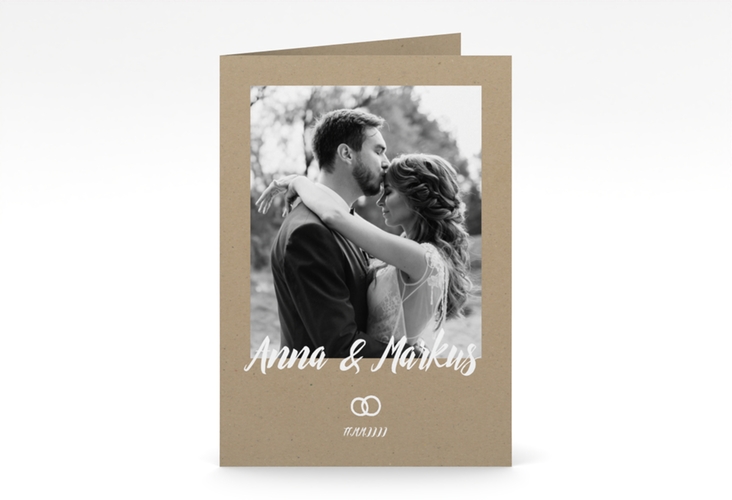 Dankeskarte Hochzeit Icons A6 Klappkarte hoch im Kraftpapier-Look mit Foto