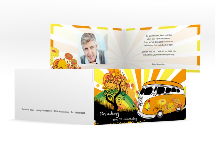 Einladung 50. Geburtstag Heiko/Heike lange Klappkarte quer mit Hippie-Bus und psychedelischen Mustern