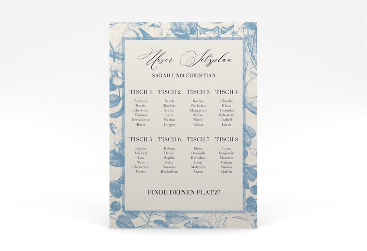 Sitzplan Poster Hochzeit Toile 50 x 70 cm Poster blau mit Blättermuster im Toile-de-Jouy-Stil