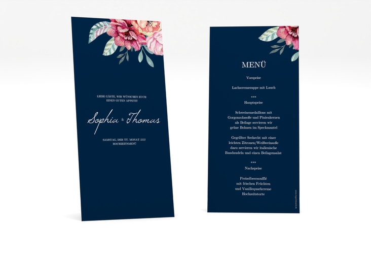 Menükarte Hochzeit Blooming lange Karte hoch blau hochglanz