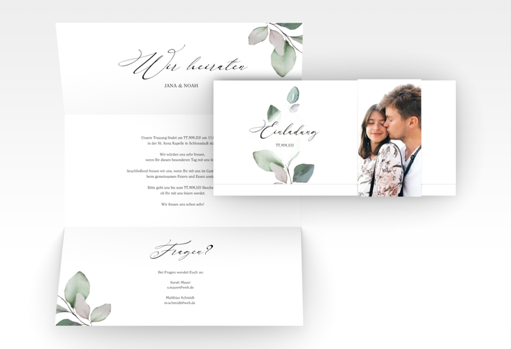 Hochzeitseinladung Foglia Wickelfalzkarte + Banderole hochglanz edel mit Eukalyptus im Aquarell-Design