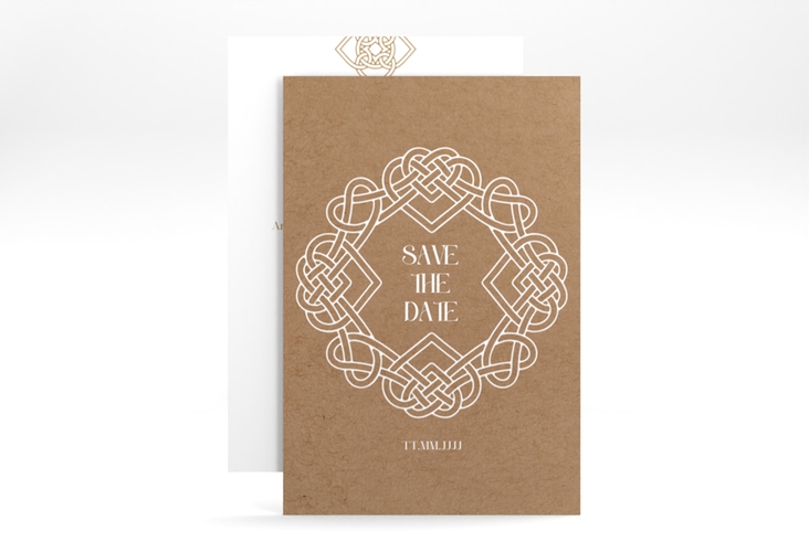 Save the Date-Karte Herzknoten A6 Karte hoch Kraftpapier mit Goldrahmen und roten Herzen