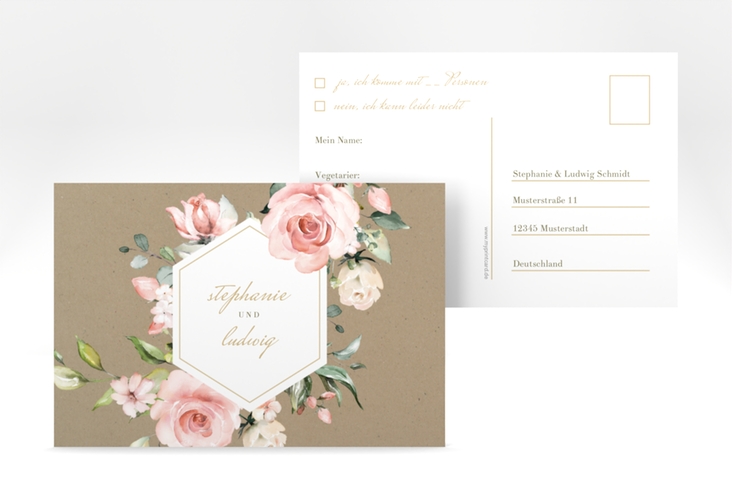 Antwortkarte Graceful A6 Postkarte hochglanz mit Rosenblüten in Rosa und Weiß