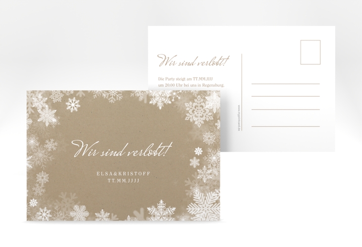 Verlobungskarte Hochzeit Snowfall A6 Postkarte Kraftpapier mit Schneeflocken für Winterhochzeit