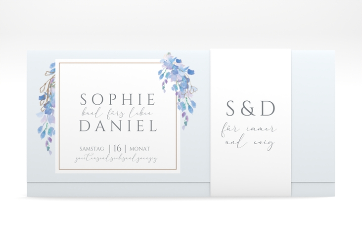 Hochzeitseinladung Blauregen Wickelfalzkarte + Banderole blau mit Wisteria-Blüten
